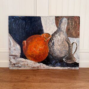 Vintage 1966 Mid-Century Modern Still Life Oil Painting – Fruit & Pitcher